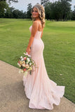 Classy Plunge Neck Blush Pink Sequin Mermaid Long Prom Dresses Graduation Dress HZ1121