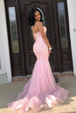 Classy Pink Sweetheart Sleeveless Lace Mermaid Prom Dresses with Train Evening Dresses Graduation Dress HZ1121