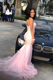 Classy Pink Sweetheart Sleeveless Lace Mermaid Prom Dresses with Train Evening Dresses Graduation Dress HZ1121