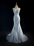 Classy Elegant Blue Spaghetti Strap Prom Gown Pleated Sweetheart Neckline Sexy Backless Prom Dress HZ1121
