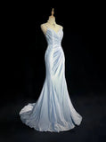 Classy Elegant Blue Spaghetti Strap Prom Gown Pleated Sweetheart Neckline Sexy Backless Prom Dress HZ1121