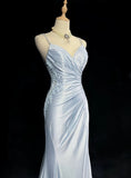 Classy Elegant Blue Spaghetti Strap Prom Gown Pleated Sweetheart Neckline Sexy Backless Prom Dress HZ1121