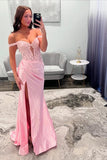 Pink Off-the-Shoulder Long Mermaid Prom Dress with Slit Graduation Dress HZ1121