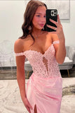 Pink Off-the-Shoulder Long Mermaid Prom Dress with Slit Graduation Dress HZ1121