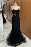 Classy Black Sweetheart Straps Mermaid Appliques Tulle Long Prom Dress HZ1121