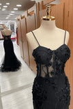 Classy Black Sweetheart Straps Mermaid Appliques Tulle Long Prom Dress HZ1121