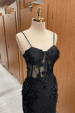 Classy Black Sweetheart Straps Mermaid Appliques Tulle Long Prom Dress HZ1121