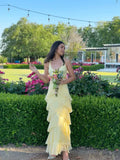 Classy Mermaid Elegant V-Neck Tiered Light Yellow Long formal dresses Bridesmaid Dresses Prom Dress V-Neck Tiered Light Yellow Long formal Dress HZ1121