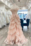 Pretty Off the Shoulder High Slit Pink Lace Long Prom Dress with Train, Off the Shoulder Pink Formal Dress Graduation Dress HZ1121
