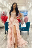 Pretty Off the Shoulder High Slit Pink Lace Long Prom Dress with Train, Off the Shoulder Pink Formal Dress Graduation Dress HZ1121