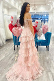 Pretty Off the Shoulder High Slit Pink Lace Long Prom Dress with Train, Off the Shoulder Pink Formal Dress Graduation Dress HZ1121