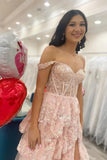 Pretty Off the Shoulder High Slit Pink Lace Long Prom Dress with Train, Off the Shoulder Pink Formal Dress Graduation Dress HZ1121