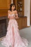Pretty Off the Shoulder High Slit Pink Lace Long Prom Dress with Train, Off the Shoulder Pink Formal Dress Graduation Dress HZ1121