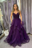 Classy A-Line V Neck Tulle Prom Dresses with Beading Long Formal Dress HZ1121