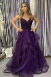 Classy A-Line V Neck Tulle Prom Dresses with Beading Long Formal Dress HZ1121