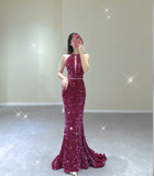 Pretty Mermaid High Neckline Sequin Sleeveless Long Prom Dresses Evening Dresses HZ1121
