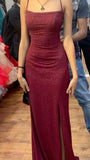 Classy Elegant Sheath Spaghetti Straps Burgundy Slit Sequin Prom Dresses Long Evening Dress Long Formal Dress HZ1121