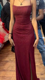 Classy Elegant Sheath Spaghetti Straps Burgundy Slit Sequin Prom Dresses Long Evening Dress Long Formal Dress HZ1121