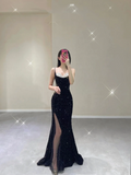 Pretty Mermaid Spaghetti Straps Black Sequin Sleeveless Long Prom Dresses Evening Dresses HZ1121