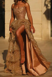 Pretty Sparkly A Line Strapless Black Corset Prom Dress Ruffle Tiered With Slit Graduation Dress HZ1121