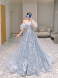 Classy Ball Gown Off The Shoulder Blue Tulle Prom Dresses Birthday Dresses Dance Party Dress Graduation Prom Dresses HZ1121