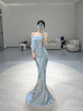 Pretty Mermaid Strapless Blue Sequin Sleeveless Long Prom Dresses Evening Dresses HZ1121