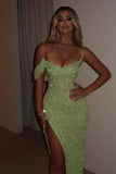 Glamorous Sequins One Shoulder Spaghetti Strap Long Pleated Prom Dress with Split HZ1121