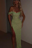 Glamorous Sequins One Shoulder Spaghetti Strap Long Pleated Prom Dress with Split HZ1121