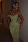 Glamorous Sequins One Shoulder Spaghetti Strap Long Pleated Prom Dress with Split HZ1121