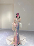 Pretty Mermaid Scoop Sequin Sleeveless Long Prom Dresses Evening Dresses HZ1121