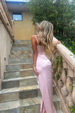 Pink Spaghetti Straps Sheath Satin Long Prom Dress Simple Evening Party Dress Formal Dress With Slit HZ1121