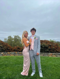 Pink Spaghetti Straps Sheath Satin Long Prom Dress Simple Evening Party Dress Formal Dress With Slit HZ1121