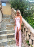 Pink Spaghetti Straps Sheath Satin Long Prom Dress Simple Evening Party Dress Formal Dress With Slit HZ1121