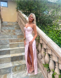 Pink Spaghetti Straps Sheath Satin Long Prom Dress Simple Evening Party Dress Formal Dress With Slit HZ1121