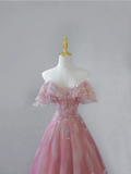 Fairy-tale A Line Off The Shoulder Pink Tulle Long Prom Dresses Evening Dresses HZ1121