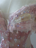 Fairy-tale A Line Off The Shoulder Pink Tulle Long Prom Dresses Evening Dresses HZ1121