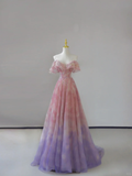 Fairy-tale A Line Off The Shoulder Pink Tulle Long Prom Dresses Evening Dresses HZ1121