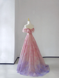 Fairy-tale A Line Off The Shoulder Pink Tulle Long Prom Dresses Evening Dresses HZ1121
