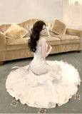 White Satin Sweetheart Mermaid Straps Long Party Dress, White Satin Prom Dress Formal Dress HZ1121