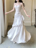 White Satin Sweetheart Mermaid Straps Long Party Dress, White Satin Prom Dress Formal Dress HZ1121