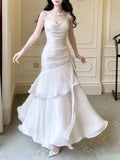White Satin Sweetheart Mermaid Straps Long Party Dress, White Satin Prom Dress Formal Dress HZ1121