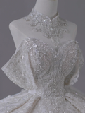 Timeless Ball Gown Off The Shoulder Short Sleeves Long Satin White Sweep Train Wedding Dresses Brides Dress HZ1121