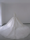 Timeless Ball Gown Off The Shoulder Short Sleeves Long Satin White Sweep Train Wedding Dresses Brides Dress HZ1121
