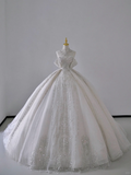Timeless Ball Gown Off The Shoulder Short Sleeves Long Satin White Sweep Train Wedding Dresses Brides Dress HZ1121