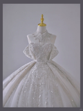 Timeless Ball Gown Off The Shoulder Short Sleeves Long Satin White Sweep Train Wedding Dresses Brides Dress HZ1121
