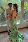 Mermaid Straps Green Satin Mermaid Long Prom Dress Backless Formal Dresses HZ1121