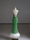 Gorgeous Sheath Spaghetti Straps Green Sleeveless Sequin Long Prom Dresses Graduation Dresses HZ1121