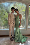 Mermaid Straps Green Satin Mermaid Long Prom Dress Backless Formal Dresses HZ1121