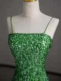 Gorgeous Sheath Spaghetti Straps Green Sleeveless Sequin Long Prom Dresses Graduation Dresses HZ1121