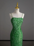 Gorgeous Sheath Spaghetti Straps Green Sleeveless Sequin Long Prom Dresses Graduation Dresses HZ1121